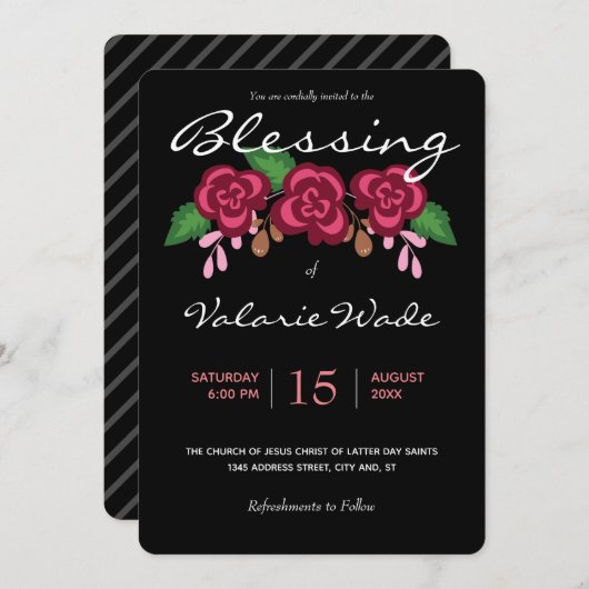 祝福ベイビー エレガント モダン LDS ローズ 招待状 (正面/裏面)