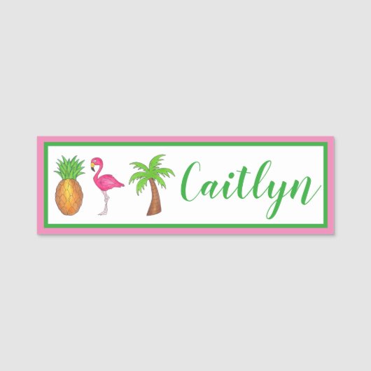 祝誕生日フラミンゴパームツリーパイナップル 名札 (正面)