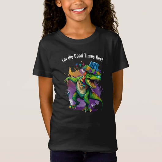祝踊りTレックス恐竜とマルディグラ Tシャツ (正面)