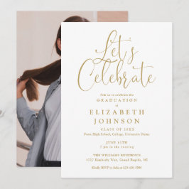 祝金ゴールドスクリプト写真卒業パーティー 招待状