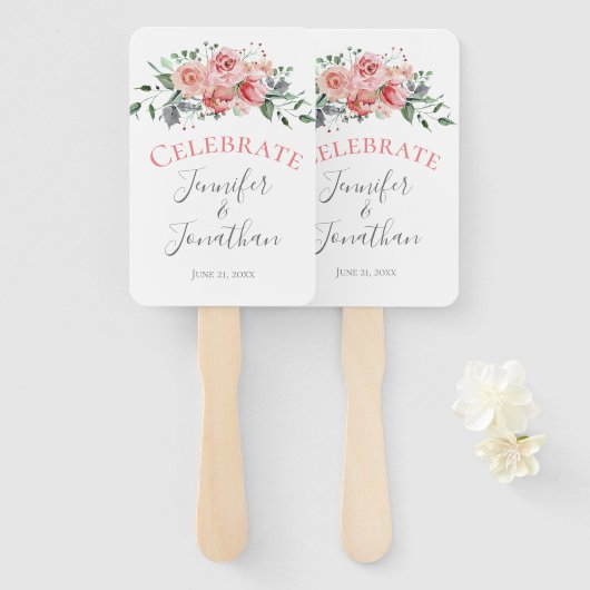 祝 |シンプルピンクローズ結婚ブーケ ハンドファン (正面&裏面)