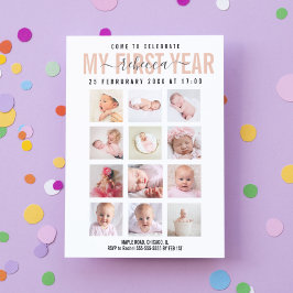 祝Baby Girl First Year 12 Photo Collage 招待状