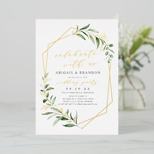 祝Greenery Geometric Wedding Party 箔招待状 (立ち正面)