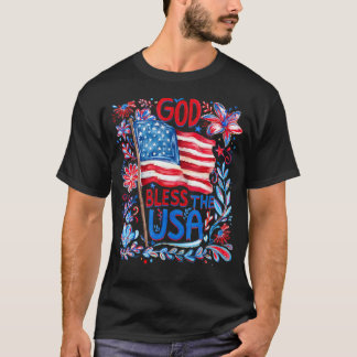 神がアメリカを祝福 フローラルパトリオティック 7月4日 Tシャツ
