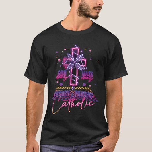 神が愛するミサ行くロザリオ祈のカトリック蒸気 Tシャツ (正面)