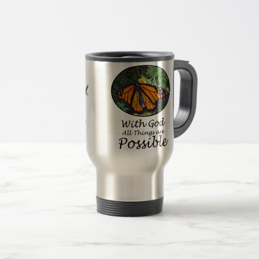神ですべての事は可能な蝶及び詩です トラベルマグ (正面右)