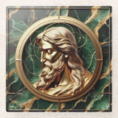 神との出会いイエス顔華美金ゴールド ガラスコースター (正面)