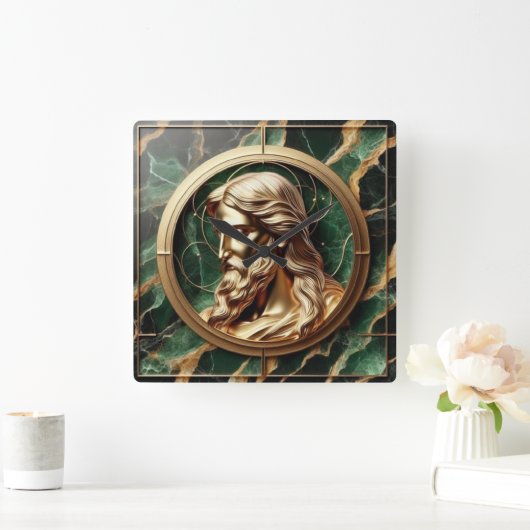 神との出会いイエス顔華美金ゴールド スクエア壁時計 (ホーム)