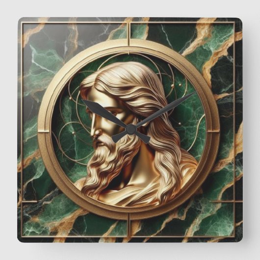 神との出会いイエス顔華美金ゴールド スクエア壁時計 (正面)