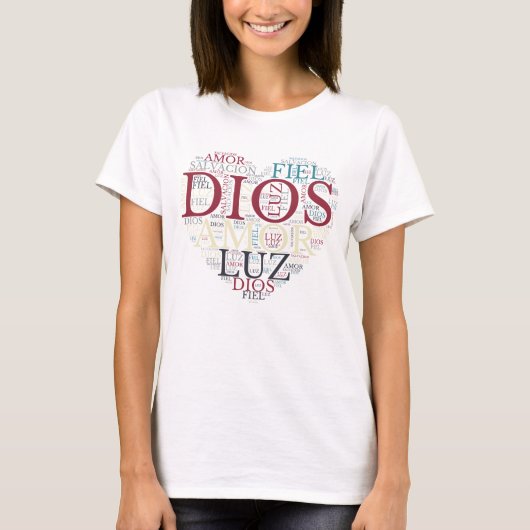 神と信仰 ハート 女性 キリスト教 スペイン語 Tシャツ (正面)