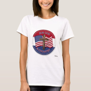 神と国のために – 十字架50星アメリカ国旗 Tシャツ