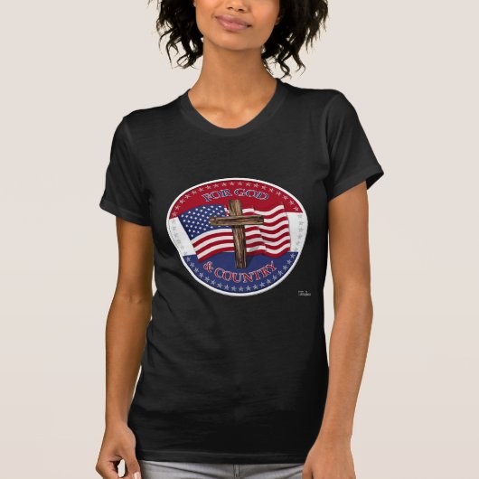 神と国のために – 十字架50星アメリカ国旗 Tシャツ (正面)