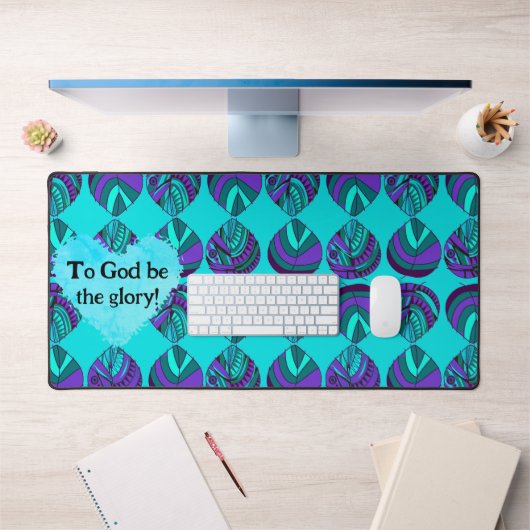 神に栄光の魚である紫離れのティール（緑がかった色）灰色 デスクマット (オフィス1)