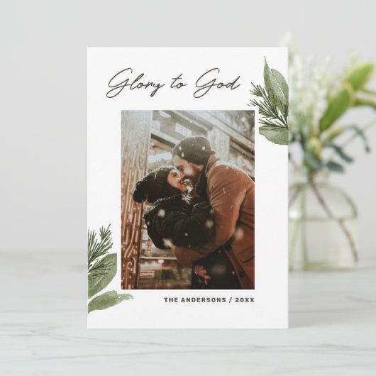 神に栄光を。植物性の宗教的なクリスマスフォト シーズンカード (スタンド正面)