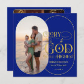 神に栄光を。青いクリスマスカードの写真スクリプト シーズンカード (正面/裏面)