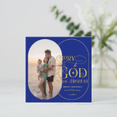 神に栄光を。青いクリスマスカード キリスト教 フォトスクリプト シーズンカード (スタンド正面)