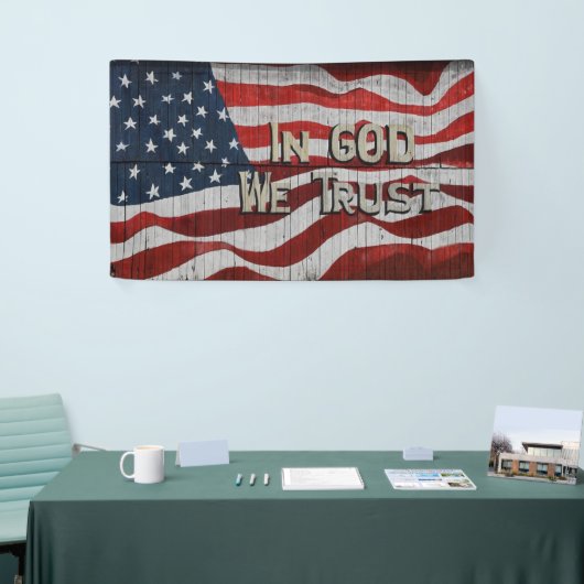 神に私たちはバーンドボ素朴ードアメリカ国旗を信頼する 横断幕 (トレードショー)