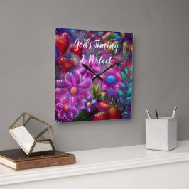 神のタイミングは完璧なフローラ抽象芸術ピンク赤 スクエア壁時計