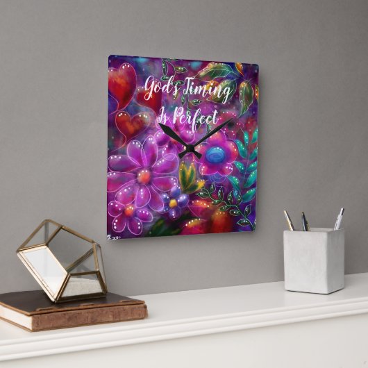 神のタイミングは完璧なフローラ抽象芸術ピンク赤 スクエア壁時計 (オフィス)