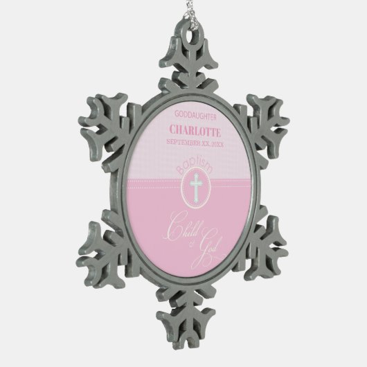 神のバプテスマのピンクの子パーソナライズされた スノーフレークピューターオーナメント (左)