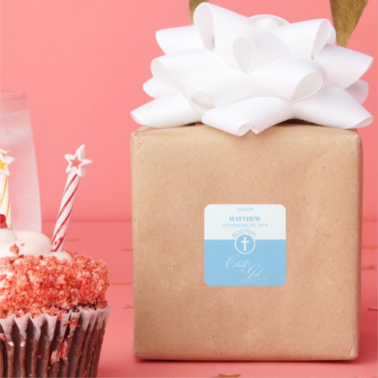 神のバプテスマ青い子パーソナライズされた スクエアシール (パーティー)