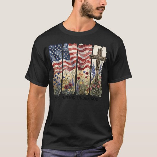 神の下なる一つの国 7月4日 ジーザス 愛国 Tシャツ (正面)
