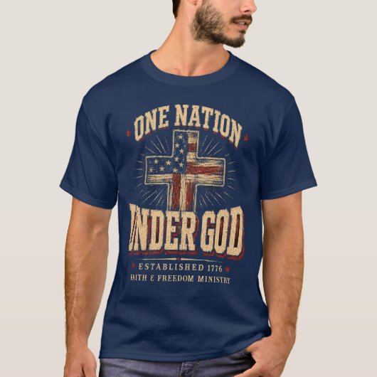 神の下のひとつの国 ヴィンテージ アメリカ国旗 十字架 Tシャツ (正面)