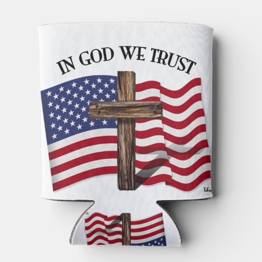神の中で私たちは険しい十字架と米国旗を信頼する 缶クーラー (裏面)
