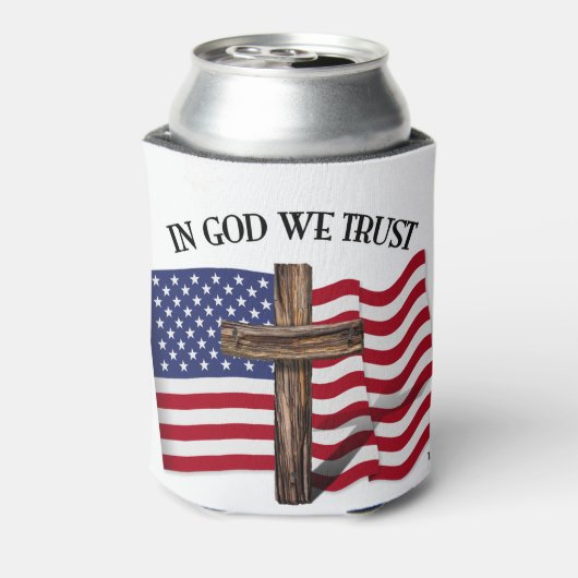 神の中で私たちは険しい十字架と米国旗を信頼する 缶クーラー (缶裏面)
