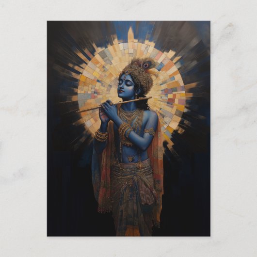 神の主クリシュナがフルートを演奏するアール・ヌーヴォー ポストカード (正面)