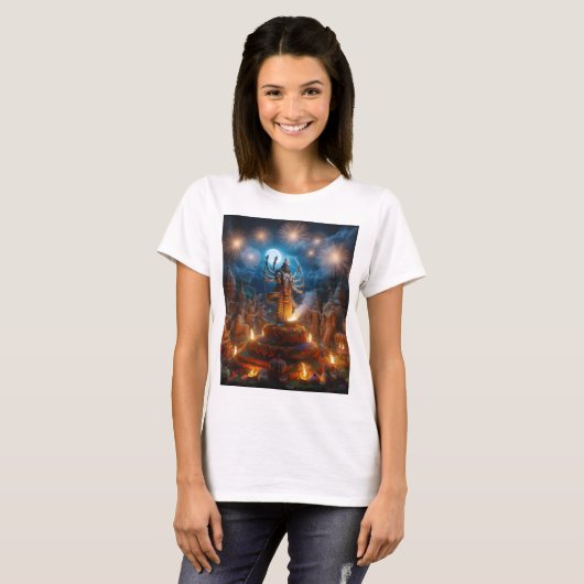 神の像が飾られた花火 Tシャツ (正面フル)