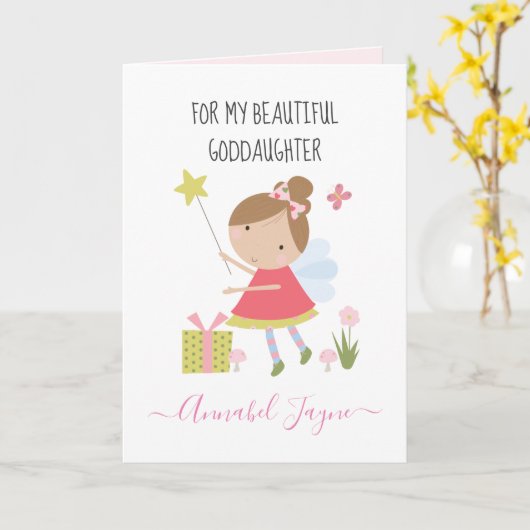 神の娘の誕生日の妖精の女の子ピンクお洒落 カード (黄色い花)