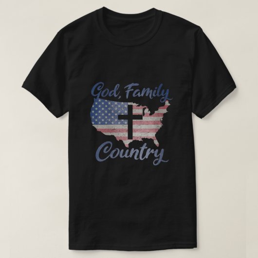 神の家族の国クリスチャンクロスアメリカ国旗L Tシャツ (デザイン正面)