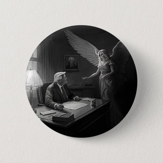 神の導き:天使によって助言されたドナルド・トランプ 缶バッジ (正面)