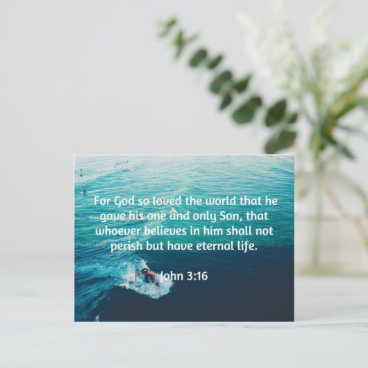 神の引用文：ヨハネ3:16 -- "神は世を愛されたからである" ポストカード (スタンド正面)