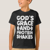 神の恵みとタンパク質のシェイクボディビルジムFi Tシャツ (正面)