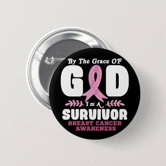 神の恵みによって生き残った乳がんで 缶バッジ (正面&裏面)