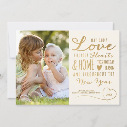 神の愛エレガント金ゴールド型クリスマスフォトアイボリー シーズンカード (正面)