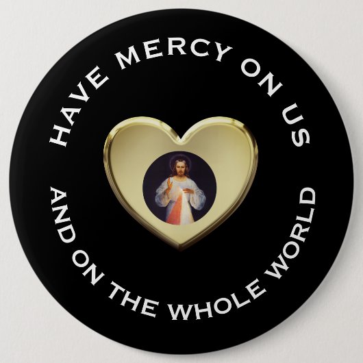 神の慈悲の祈りの言葉のイエス・キリストの金ゴールドのハート 缶バッジ (正面)