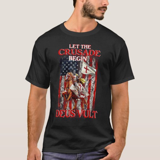 神の戦士アメリカ国旗の十字軍騎士テンプラ Tシャツ (正面)