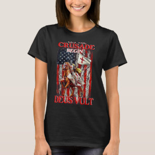 神の戦士アメリカ国旗の十字軍騎士テンプラ Tシャツ