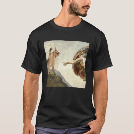 神の手をおっぴろく面白い猫、神の手をひっかくパロディ Tシャツ (正面)