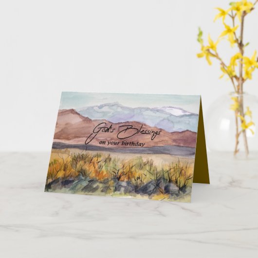 神の祝福があなたの誕生日に　砂漠の山々 カード (黄色い花)