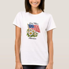 神の祝福がアメリカ USA国旗とデイジーの花 フローラルアート Tシャツ