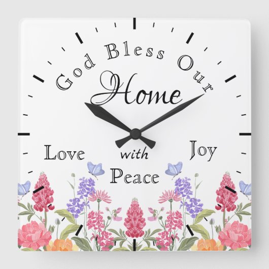 神の祝福わが家のフローラワイルドフラワーホワイト スクエア壁時計 (正面)