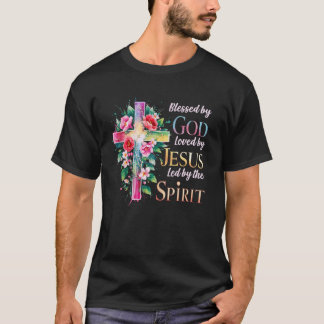 神の祝福を受けたカトリック聖書 花十字架 メンズ・レディース Tシャツ