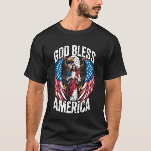 神の祝福アメリカフラグイエスキリスト鷲愛国 Tシャツ (正面)