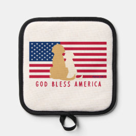 神の祝福アメリカ犬アメリカ国旗のポットホルダー 鍋敷き
