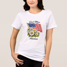 神の祝福アメリカUSAフラッグとデイジーのフラワーモチーフアート トライブレンドTシャツ