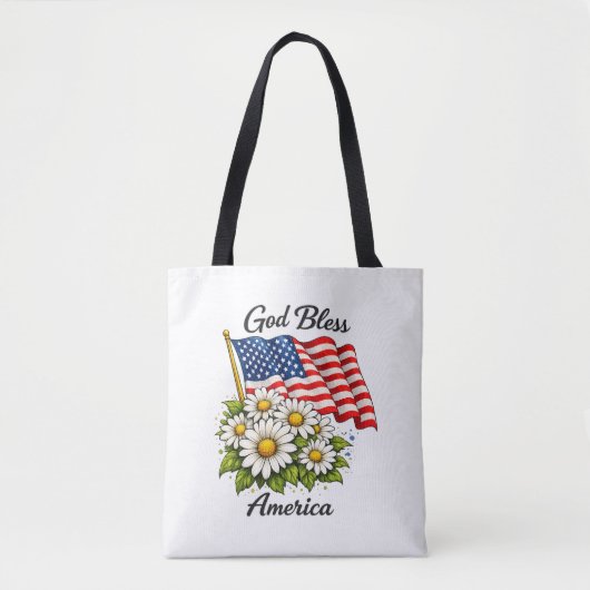 神の祝福アメリカUSAフラッグとデイジーの花の芸術 トートバッグ (正面)